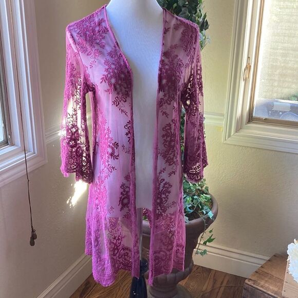 Plum Color Listicle Embroidered Lace Open Cardigan Size S - Picture 2 of 11